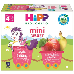 Hipp bio mini dessert mela/banana 4 vasetti x 100 g senza zuccheri aggiunti e senza glutine
