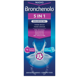 Bronchenolo 5 in 1 sciroppo tosse 120 ml senza zucchero, alcol, lattosio, glutine, coloranti artificiali e ogm