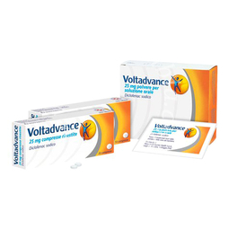 Voltadvance 25 mg compresse rivestite con film  voltadvance 25 mg polvere per soluzione orale  diclofenac sodico 10 cpr in blister opa/al/pvc/al