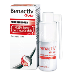 Benactiv gola 2,5 mg/ml collutorio  benactiv gola 2,5 mg/ml spray per mucosa orale  flurbiprofene 0,25%   flaconcino 15 ml