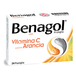 Benagol 1,2 mg + 0,6 mg + 74,9 mg + 33,5 mg pastiglie con vitamina c gusto arancia  2,4-diclorobenzil alcool + amilmetacresolo + sodio ascorbato + acido ascorbico 24 pastiglie