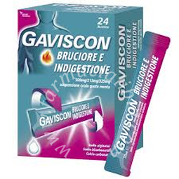 Gaviscon bruciore e indigestione  500mg/213mg/325mg  sospensione orale gusto menta  sodio alginato/sodio bicarbonato/calcio carbonato 500 mg + 213 mg + 325  24 bustine pet/al/pe da 10 ml