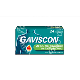 Gaviscon 250 mg + 133,5 mg compresse masticabili gusto menta  gaviscon 250 mg + 133,5 mg compresse masticabili gusto fragola  sodio alginato + sodio bicarbonato 24 compresse