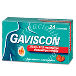 Gaviscon 250 mg + 133,5 mg compresse masticabili gusto menta  gaviscon 250 mg + 133,5 mg compresse masticabili gusto fragola  sodio alginato + sodio bicarbonato compressa masticabile gusto fragola 24 compresse in blister
