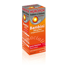 Nurofen febbre e dolore 200mg/5ml sospensione orale gusto arancia senza zucchero  nurofen febbre e dolore 200mg/5ml sospensione orale gusto fragola senza zucchero  ibuprofene 200 mg/5  flacone da 100 ml con siringa dosatrice