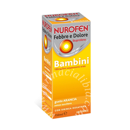 Nurofen febbre e dolore bambini 100mg/5ml sospensione orale gusto arancia senza zucchero  nurofen febbre e dolore bambini 100mg/5ml sospensione orale gusto fragola senza zucchero  ibuprofene bambini 100 mg/5  flacone da 150 ml con siringa dosatrice