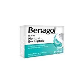 Benagol 1,2 mg + 0,6 mg + 8 mg pastiglie gusto mentolo-eucaliptolo  2,4-diclorobenzil alcool + amilmetacresolo + mentolo 24 pastiglie