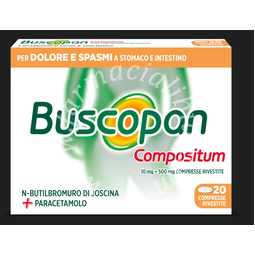 Buscopan compositum 10 mg + 500 mg compresse rivestite  n-butilbromuro di joscina + paracetamolo 20 compresse in blister al/pvc
