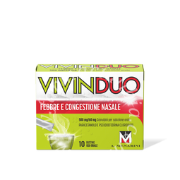 Vivinduo febbre e congestione nasale  500 mg/60 mg granulato per soluzione orale  paracetamolo e pseudoefedrina cloridrato  medicinale equivalente 10 bustine carta/pe/al/surlyn