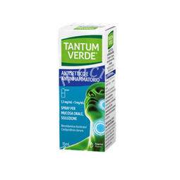 Tantum verde antisettico e antinfiammatorio  1,5 mg/ml + 5 mg/ml spray per mucosa orale, soluzione  benzidamina cloridrato/cetilpiridinio cloruro 1 flacone in hdpe da 15 ml con pompa dosatrice in pe/pp erogatore in pp e cannula in pe