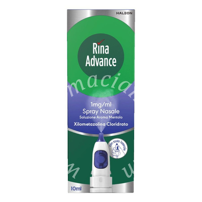 Rinaadvance 1 mg/ml spray nasale, soluzione aroma mentolo  xilometazolina cloridrato soluzione mentolo 1 flacone in hdpe da 10 ml con pompa attivata con tasto laterale