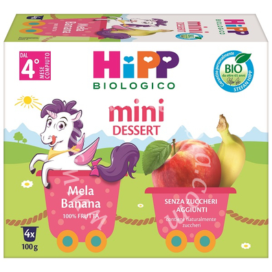 Hipp bio mini dessert mela/banana 4 vasetti x 100 g senza zuccheri aggiunti e senza glutine