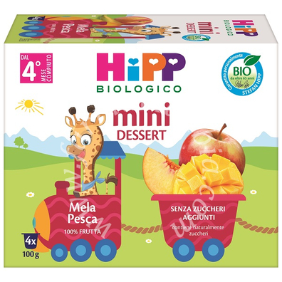 Hipp bio mini dessert mela pesca 4 vasetti x 100 g senza zuccheri aggiunti e senza glutine