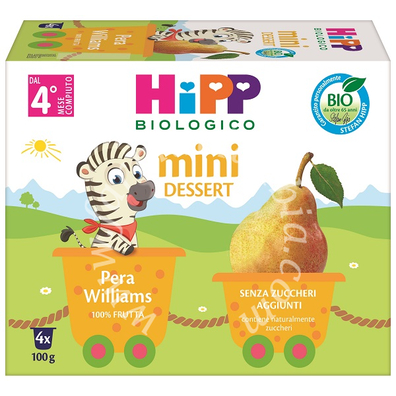 Hipp bio mini dessert pera williams 4 vasetti x 100 g senza zuccheri aggiunti e senza glutine