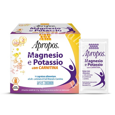 Apropos magnesio e potassio con carnitina 24 bustine solubili da 3,5 g gusto arancia senza zuccheri