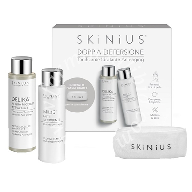 Skinius Doppia detersione cofanetto travel milis latte detergente 100 ml + delika acqua micellare 4in1 100 ml + fascia beauty