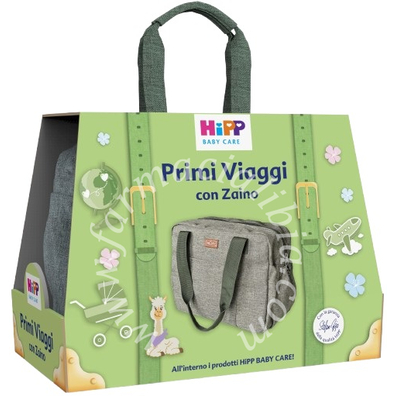 Hipp cofanetto primi viaggi latte idratante 350 ml + shampoo delicato 200 ml + salviettine delicate&nutrienti 48 pezzi + bagno delicato 350 ml + zaino hipp