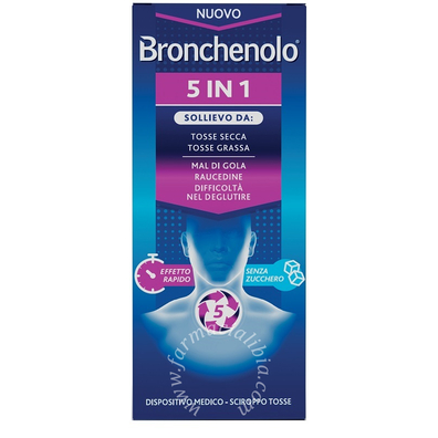 Bronchenolo 5 in 1 sciroppo tosse 120 ml senza zucchero, alcol, lattosio, glutine, coloranti artificiali e ogm