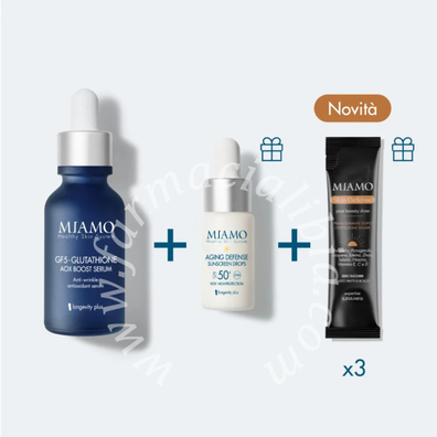 Miamo 2026 cofanetto aox boost&protect gf-5 glutathione 30 ml + mini agining defense sunscreen drops50+ 10 ml + skin defense x3