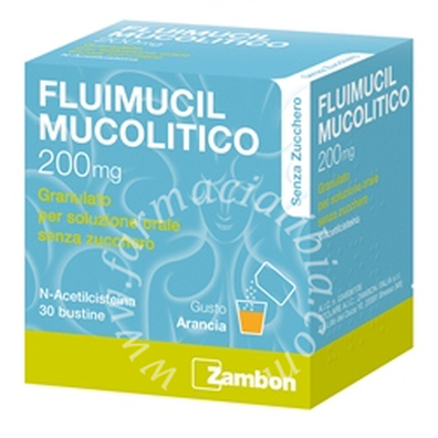 Fluimucil mucolitico  200 mg granulato per soluzione orale senza zucchero  n-acetilcisteina 30 bustine