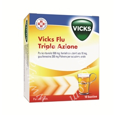 Vicks flu tripla azione  500mg/200mg/10mg polvere per soluzione orale  paracetamolo, guaifenesina, fenilefrina hcl 500 mg/200 mg/10  10 bustine