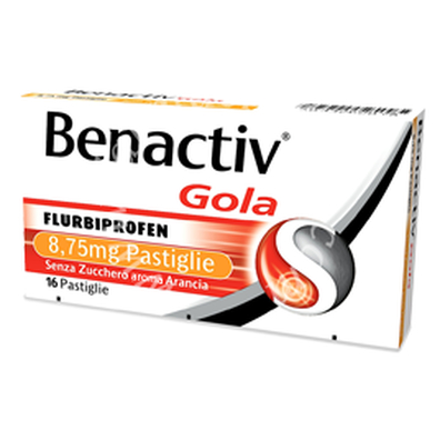 Benactiv gola 8,75 mg pastiglie gusto limone e miele  benactiv gola 8,75 mg pastiglie senza zucchero gusto arancia  benactiv gola 8,75 mg pastiglie senza zucchero gusto eucalipto e miele di manuka  flurbiprofene 16 pastiglie