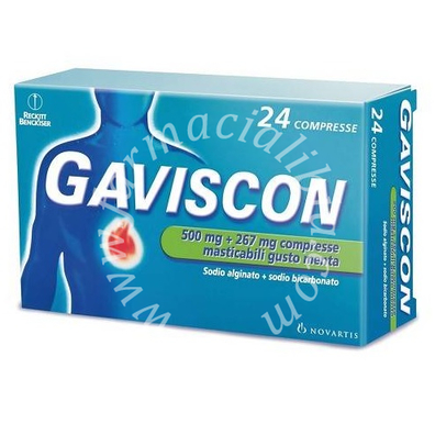 Gaviscon 500 mg + 267 mg compresse masticabili gusto menta  sodio alginato + sodio bicarbonato 24 compresse in blister