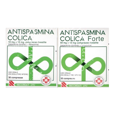 Antispasmina colica 10 mg + 10 mg compresse rivestite  antispasmina colica forte 50 mg + 10 mg compresse rivestite  papaverina cloridrato + belladonna 30 compresse