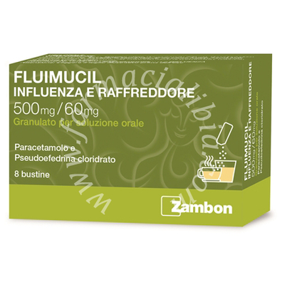 Fluimucil influenza e raffreddore 500 mg/60 mg granulato per soluzione orale  paracetamolo e pseudoefedrina cloridrato 500 mg +  8 bustine