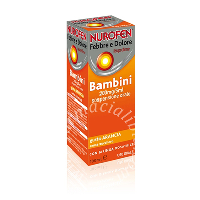 Nurofen febbre e dolore 200mg/5ml sospensione orale gusto arancia senza zucchero  nurofen febbre e dolore 200mg/5ml sospensione orale gusto fragola senza zucchero  ibuprofene 200 mg/5  flacone da 100 ml con siringa dosatrice