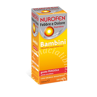 Nurofen febbre e dolore bambini 100mg/5ml sospensione orale gusto arancia senza zucchero  nurofen febbre e dolore bambini 100mg/5ml sospensione orale gusto fragola senza zucchero  ibuprofene bambini 100 mg/5  flacone da 150 ml con siringa dosatrice
