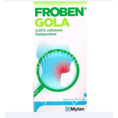 Froben gola 250mg/100ml collutorio  froben gola 250mg/100ml spray per mucosa orale  flurbiprofene 0,25%  flacone da 160 ml