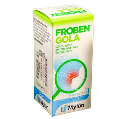 Froben gola 250mg/100ml collutorio  froben gola 250mg/100ml spray per mucosa orale  flurbiprofene 0,25%  flacone da 15 ml