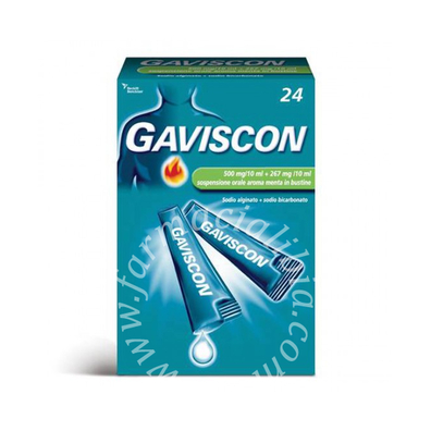 Gaviscon 500 mg/10 ml + 267 mg/10 ml sospensione orale  gaviscon 500 mg/10 ml + 267 mg/10 ml sospensione orale aroma menta  sodio alginato + sodio bicarbonato 24 bustine monodose da 10 ml