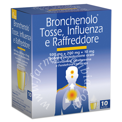 Bronchenolo tosse, influenza e raffreddore  500 mg+200 mg+10 mg polvere per soluzione orale  paracetamolo/guaifenesina/fenilefrina cloridrato 500 mg + 200 mg +  10 bustine in in/alu/ldpe/carta