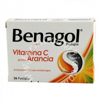 Benagol 1,2 mg + 0,6 mg + 74,9 mg + 33,5 mg pastiglie con vitamina c gusto arancia  2,4-diclorobenzil alcool + amilmetacresolo + sodio ascorbato + acido ascorbico 36 pastiglie