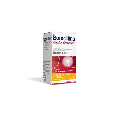 Neo borocillina gola dolore 0,25% spray per mucosa orale gusto menta  neo borocillina gola dolore 0,25% spray per mucosa orale gusto arancia e miele  neo borocillina gola dolore 0,25% spray per mucosa orale gusto limone e miele  flurbiprofene 1 flac