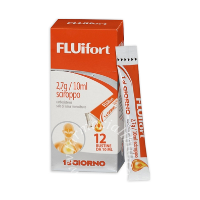 Fluifort 2,7 g/10 ml sciroppo  carbocisteina sale di lisina monoidrato 12 bustine in pet/pe/al/pe
