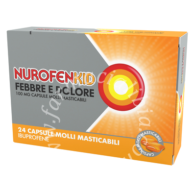 Nurofenkid febbre e dolore 100 mg, capsule molli masticabili  ibuprofene 100 mg  24 capsule in blister pvc/pe/pvdc/al