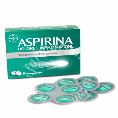 Aspirina dolore e infiammazione  500 mg compresse rivestite  acido acetilsalicilico 20 compresse in blister al/pe/carta