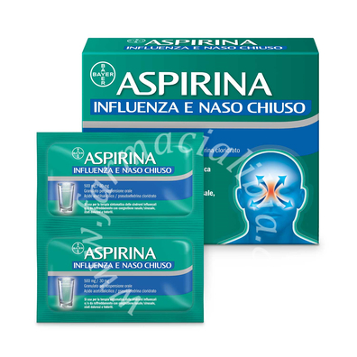 Aspirina influenza e naso chiuso  500 mg / 30 mg granulato per sospensione orale  acido acetilsalicilico, pseudoefedrina cloridrato 500 mg/30  soluzione orale 10 bustine in pap/al/pe