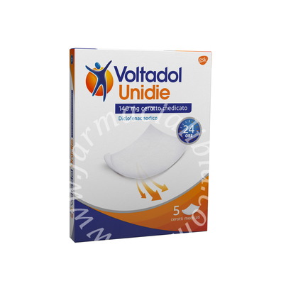 Voltadol unidie 140 mg cerotto medicato  diclofenac sodico  medicinale equivalente cerotti medicati 5 cerotti in bustina carta/pe/al/eaa