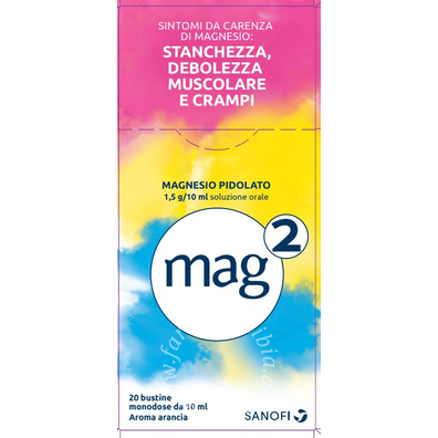 Mag2 1,5 g/10 ml soluzione orale  mag2 2,25 g polvere per soluzione orale  magnesio pidolato 20 bustine monodose in pet/al/pe da 10 ml
