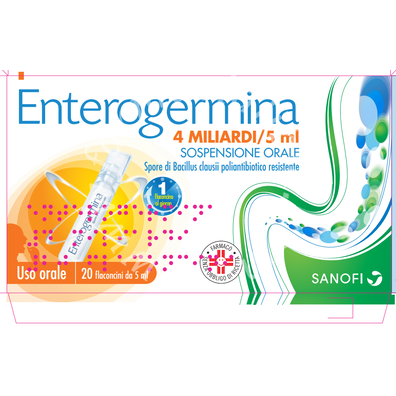 Enterogermina 4 miliardi / 5 ml sospensione orale  spore di bacillus clausii poliantibiotico resistente – uso orale miliardi/5ml sospensiore orale 20 flaconcini