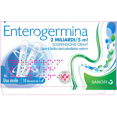 Enterogermina 2 miliardi / 5 ml sospensione orale enterogermina 2 miliardi capsule rigide spore di bacillus clausii poliantibiotico resistente – uso orale 2 miliardi/5 ml  sospensione orale 10 flaconcini 5 ml