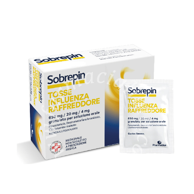 Sobrepin tosse influenza raffreddore 650 mg/20 mg/4 mg granulato per  soluzione orale  paracetamolo/destrometorfano bromidrato/clorfenamina maleato 650mg/20mg/4mg  10 bustine in carta/ldpe/al/resina termofusibile