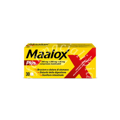 Maalox plus 200 mg + 200 mg + 25 mg compresse masticabili  magnesio idrossido + alluminio ossido, idrato + dimeticone 30 compresse