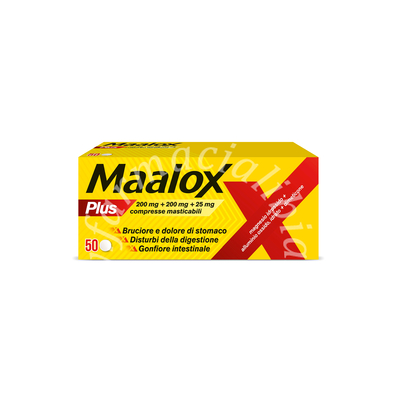 Maalox plus 200 mg + 200 mg + 25 mg compresse masticabili  magnesio idrossido + alluminio ossido, idrato + dimeticone 50 compresse