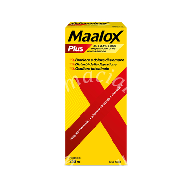 Maalox plus 4% + 3,5% + 0,5% sospensione orale aroma limone  magnesio idrossido + alluminio idrossido + simeticone menta flacone in pet da 250 ml