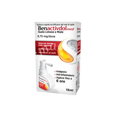 Benactivdolmed 8,75 mg/dose spray per mucosa orale, soluzione  flurbiprofene 8,75 mg/ml  gusto limone e miele 1 flacone in hdpe da 15 ml/83 erogazioni con pompa dosatrice